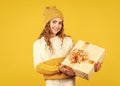 Shopping find perfect gift. Cute kid enjoy shopping. Shopping addict with present wrapped box. Fashionable teen girl