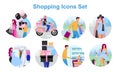 Shopping flat concept icons set. Buyer making purchases stickers, cliparts pack. Shopaholics, customers buying gifts, clothes. Royalty Free Stock Photo