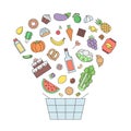 Shopping food basket grocery shop outline illustration.