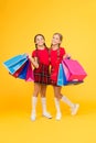 Shopping with friend. Children hold packages. Best day ever. Girls with shopping bags. Rediscover great shopping Royalty Free Stock Photo