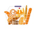 Shopping full basket with bakery food front view. Royalty Free Stock Photo