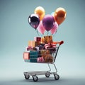 Shopping giftboxes in shopping cart with balloon, AI generated