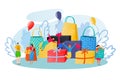 Shopping gifts people vector illustration of happy tiny women and man characters with huge gift boxes, paper bags and Royalty Free Stock Photo