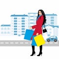 Shopping girl - Stock Illustration. fashionable girl against the backdrop of the city with purchases for your design