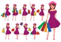 Shopping girl vector character set. Female cartoon characters Royalty Free Stock Photo