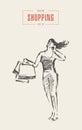 Shopping girl walking bags drawn vector sketch Royalty Free Stock Photo