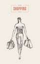 Shopping girl walking bags drawn vector sketch Royalty Free Stock Photo