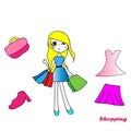 Cartoon illustration of happy shopping woman girl