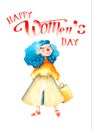 Shopping girl women`s day watercolor illustration isolated
