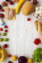 Shopping groceries concept. Frame of various healthy food on white wooden table. Cooking food background. Fresh fruits, vegetables Royalty Free Stock Photo