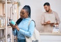 Shopping, grocery store and black woman by shelf for choice, options and service in eco friendly supermarket. Small Royalty Free Stock Photo