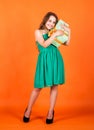 Shopping happiness. holidays concept. international childrens day. Joyous female kid holding gift-wrapped box. Holding