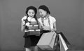 Shopping and holidays. For my dear friend. Girl giving gift box to friend. Girls friends celebrate holiday. Children