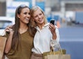 Shopping hug, city selfie and happy friends, women or people with photo memory of urban market spree. Retail product Royalty Free Stock Photo