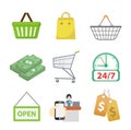 Shopping icon set, flat style. Shop icons collection isolated on white background. Store objects and items. Vector Royalty Free Stock Photo