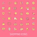 Shopping icons set in comic style. Online commerce cartoon vector illustration on isolated background. Market store splash effect Royalty Free Stock Photo