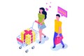 Shopping isometric concept with character. Woman with cart and man with bag.