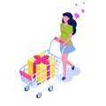 Shopping isometric concept with character. Woman with cart.