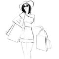 Fashion Illustration on a white backgroun Shopping. Lady with bags