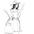 Fashion Illustration on a white background. Shopping. Lady with bags