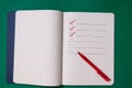 Shopping list with multiple items. Open notebook on green background