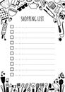 Shopping list printable template. Kitchen utensils frame with hand drawn doodle cooking tools.