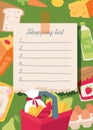 Shopping list banner vector illustration. Checklist food planning for market, everyday notebook with vegetables, basket