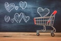 Shopping love Small cart surrounded by heart doodles on stylish blackboard Royalty Free Stock Photo