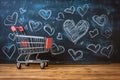 Shopping love Small cart surrounded by heart doodles on stylish blackboard Royalty Free Stock Photo