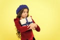 Shopping mall. boxing day. parisian girl in french beret go shopping. autumn fashion. school fall season. greedy small