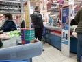 Shopping in the mall. Buyers at cash registers