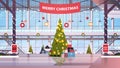 Shopping mall center with decorated fir tree for christmas and new year winter holidays celebration concept