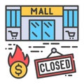 Shopping mall closing color line icon. Economic risis. Collapse business. Markets plunging. Sign for web page, app. UI UX GUI