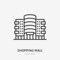 Shopping mall flat line icon. Vector thin sign of shop, store, commercial building rent logo. Supermarket exterior