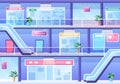 Shopping Mall Modern Background Illustration with Interior Inside, Escalator and Various Retail Store in Flat Style Design