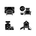 Shopping mall products and services black glyph icons set on white space