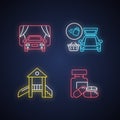 Shopping mall products and services neon light icons set