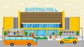 Shopping mall transport stop with different city people standing and waiting for transport vector illustration. Yellow