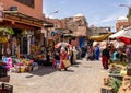 Shopping in the Marrakesh Souk along one side of Jemaa el-Fnaa square and market place in Marrakesh`s medina quarter.