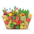 Shopping metal basket with grocery. Full chrome grocery or food cart with products