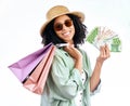 Shopping, money and portrait of happy woman in studio with cashback, bonus or deal on white background. Cash, payment