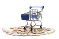 Shopping with money. A souvenir trolley for a supermarket stands on banknotes and euro coins. Online e-commerce. European Royalty Free Stock Photo