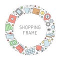 Shopping multicolored circle frame illustration (background). Simple outline design. Part two.