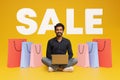 Happy Indian Man Buyer Making Online Purchase On Laptop, Collage Royalty Free Stock Photo