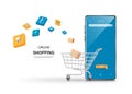 Boxes and parcels float in to a shopping cart placed in front of a blue smartphone for online shopping