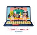 Shopping online banner. Make up background. Online store concept. Decorative cosmetics for face, lips, skin, eyes, nails