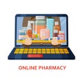 Shopping online banner. Pharmacy background. Online store concept. Different medical pills, plaster, thermometer Royalty Free Stock Photo