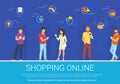 Shopping online concept vector illustration of group of people using mobile smartphone for purchasing goods