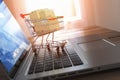 Shopping online and e-commerce. Laptop and shopping cart with bo