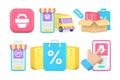 Shopping online grocery store goods order delivery smartphone application set 3d icon vector